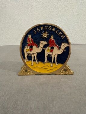 Vintage Jerusalem Napkin Holder Camel Desert Enamel Mid Century Gold Letter Rack